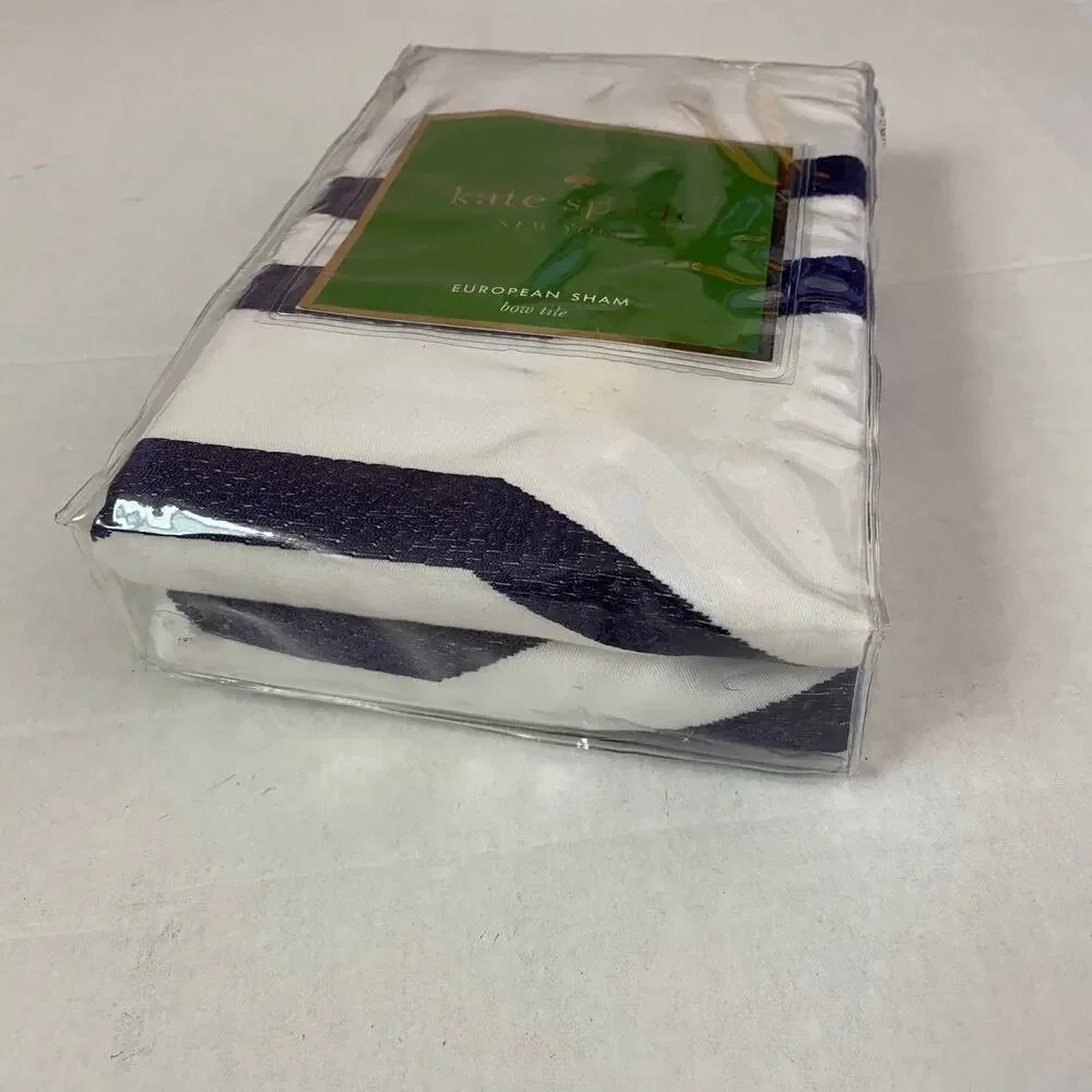 Kate Spade Bow Tile European Sham White Navy Blue Cotton Pillow Cover Single NIP